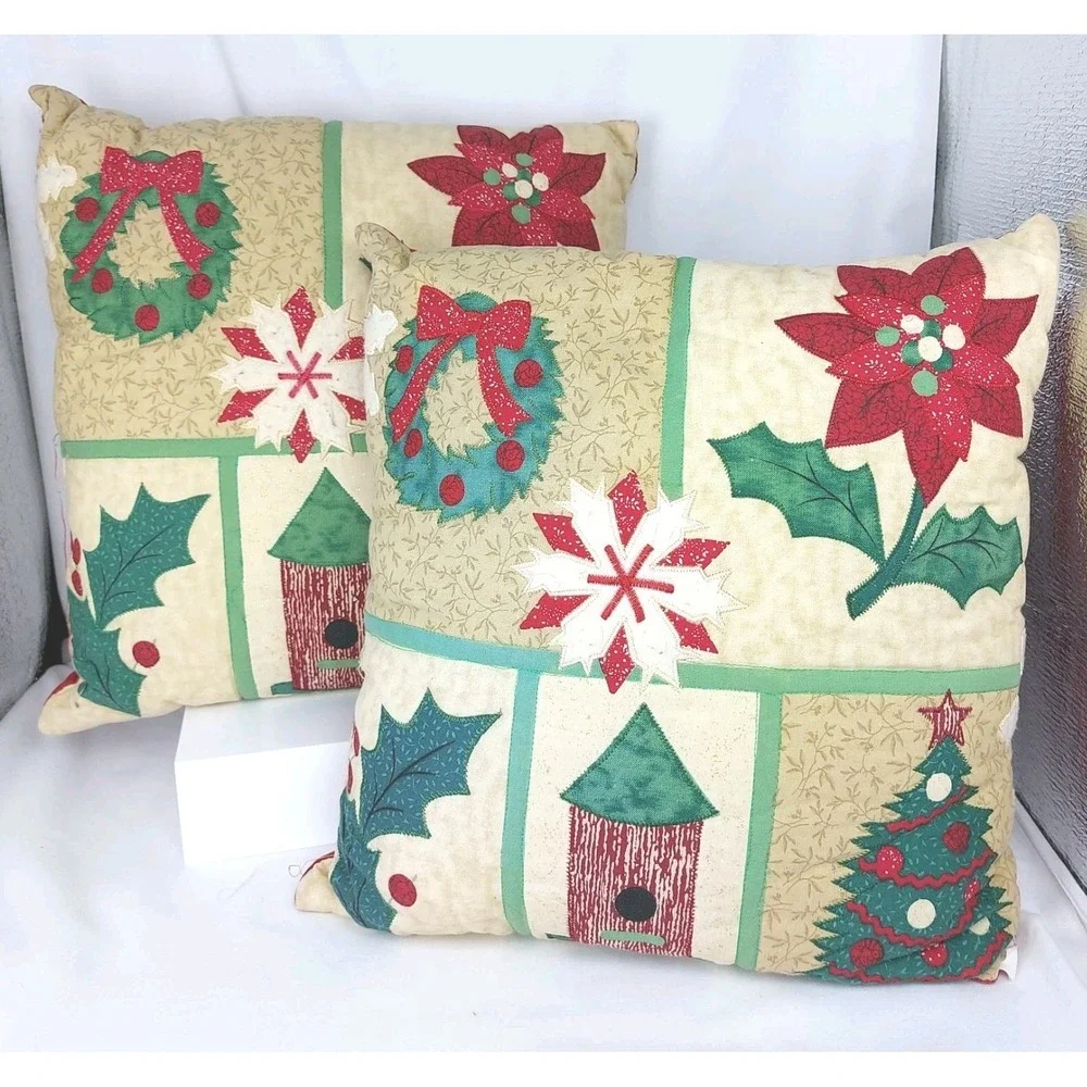 2 VTG Handmade Country Quilted‎ Christmas Accent Pillows 12